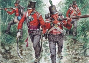 Soldaten der britischen Infanterie patrouillieren um 1810