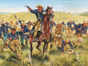 Spanisch-Amerikanischer Krieg oder Kubanischer Unabhängigkeitskrieg (1868-1898) zwischen Spanien und Nordamerika: Porträt des amerikanischen Soldaten und Politikers Theodore Roosevelt (1858-1919), der mit den Rough Riders in Kuba angreift - Spanisch-Amerik