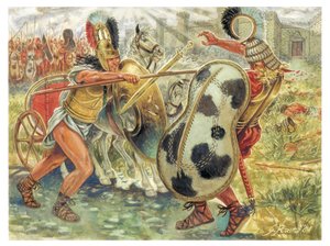 Trojanischer Krieg: Achilles kämpft gegen Hector, um den Tod von Patroklos zu rächen - Illustration von Giuseppe Rava von Giuseppe Rava