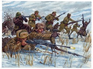 Zweiter Weltkrieg: Russische Infanteriesoldaten rücken auf dem Schlachtfeld vor - Illustration von Giuseppe Rava von Giuseppe Rava