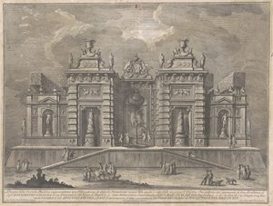 Die zweite Maschine für die Chinea von 1774: Eine Villa mit antiken Denkmälern und ein Spiel von "Giostra"