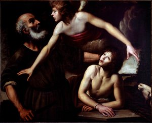 Das Opfer Isaaks Der Engel stoppt die Hand Abrahams (Opfer Isaaks) Gemälde von Giuseppe Vermiglio (1585-1635) 17. Jahrhundert Genua, Musei di Strada Nuova (ex Palazzo Bianco) von Giuseppe Vermiglio