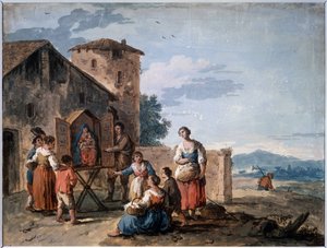 Eine Gruppe von Bauern vor einem Altar mit einer Madonna-Statue