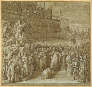 Die Versöhnung zwischen Papst Alexander III. und Friedrich Barbarossa in Anwesenheit des Dogen Sebastiano Ziani von Giuseppe della Porta Salviati