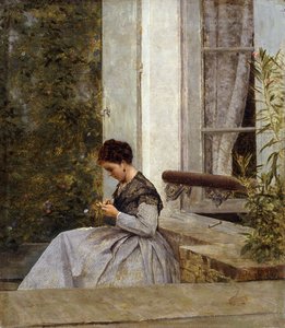 Eine Frau beim Häkeln von Giuseppe or Joseph de Nittis