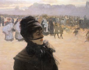 Rückkehr aus dem Bois de Boulogne, Dame mit Hund (Detail) von Giuseppe or Joseph de Nittis