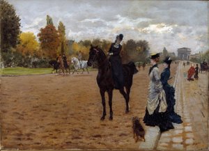 Die Amazone Cavaliere spricht mit Spaziergängern auf der Avenue Foch in Paris