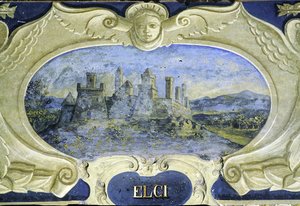 Elci, aus einer Serie von Kartuschen mit Bildern der Residenzen von Conte Pannochieschi d