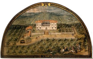 Villa „La Peggio“ von Giusto Utens (16. Jahrhundert). Männer spielen Ball. Museo di Firenze com