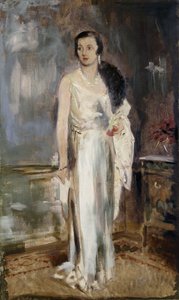 Porträt von Loelia, Herzogin von Westminster, später Lady Lindsay, klein in voller Länge, im Abendkleid