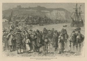 Die Hugenotten in England: Französische Hugenottenflüchtlinge landen 1685 in Dover (Gravur)