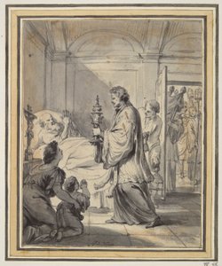 Mann auf seinem Sterbebett mit Priester und anderen