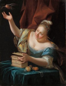 Eine Frau, die in einem fantasievollen Kostüm an einem Tisch sitzt und einen Singvogel aus seinem Käfig befreit von Godfried Schalcken