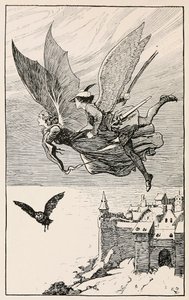Der Reisegefährte flog hinter ihr her, aus Märchen von Hans Andersen von Gordon Browne