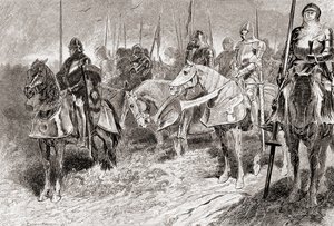 Szene aus William Shakespeares Stück König Heinrich V., Akt IV, Szene 2, Lord Grandpré: Die Reiter sitzen wie feste Leuchter mit Fackelstäben in der Hand, aus Die Werke von William Shakespeare, veröffentlicht 1896