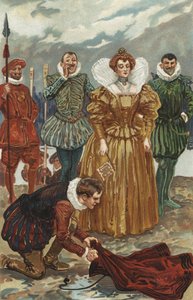 Sir Walter Raleigh bietet Königin Elizabeth I. seinen Mantel an