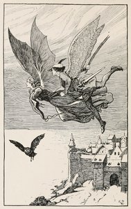 Der reisende Begleiter flog hinter ihr her, aus Märchen von Hans Anderson, veröffentlicht 1919 (Gravur) von Gordon Frederick Browne