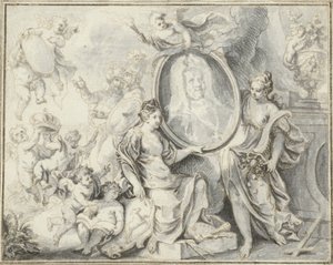 Männerporträt in Medaillon umgeben von allegorischen Figuren von Gottfried Eichler (II)