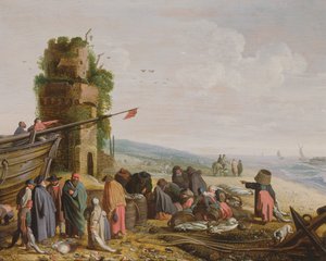 Fischerleute am Strand mit ihrem Fang von Govaert Jansz