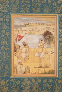 Musiker und Sänger knien am Rande eines Mogullagers. Ein Yogi und ein Diener hören ihnen zu, aus dem Minto-Album, ca. 1630