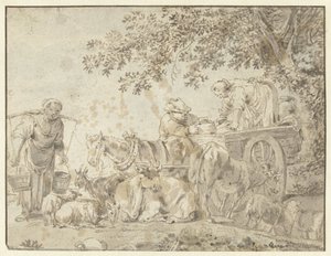 Bauern und Vieh bei einem Bauernwagen