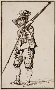 Ein stehender Soldat mit einer Muskete über der Schulter
