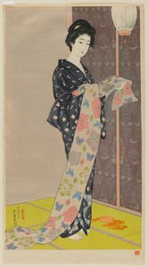 Frau in einem Sommer-Kimono (Kaso no musume) Taisho-Ära, August 1920 (Farbholzschnitt) von Goyo Hashiguchi