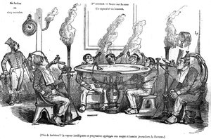 Karikatur von Grandville, die einen Korporal und seine Männer im Salle des Barbes zeigt, die mit einer Dampfmaschine ohne die Hilfe eines Barbiers rasiert werden. In „The picturesque store“ 1835