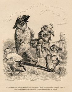 Zwei kleine Hasen mit ihrer großen Schwester werden von einer Eule auf einem Feld angehalten. Ein Fuchs jagt hinter ihnen. Vignetten illustriert von JJ Granville. Gravur signiert Breviere in dem Teil "Geschichte eines Hasen" geschrieben von PJ Stahl von Grandville