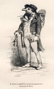 Der Generalstaatsanwalt der Spatzen von Paris. Vignetten illustriert von JJ Granville. Gravur signiert Caque im Teil "Reise eines Spatzen aus Paris" geschrieben von George Sand in "Szenen aus dem privaten und öffentlichen Leben der Tiere". Paris, J. Hetzel