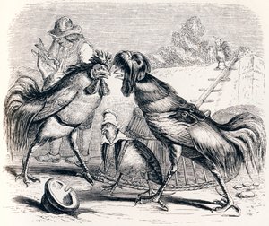Das Rebhuhn und die zwei Hähne - Fabeln von La Fontaine von Grandville