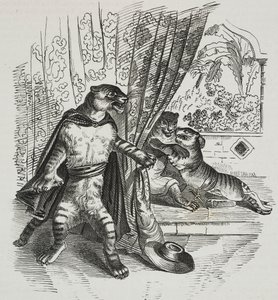 Tiger rückt mit Dolch vor, Karikatur von Jean-Jacques Grandville (1803-1847), Lithographie von Gaetano Riccio aus Poliorama Pittoresco, Nr. 39, 7. Mai
