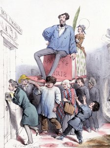 Alfred de Vigny klopft mit seinen gesammelten Werken an die Tür der Akademie, und Eugène Sue, sitzt auf „Les mystères de Paris“, gekleidet im blauen Paletot von Prinz Rodolphe - von Grandville, in „Le Charivari“ vom 21.02.1844 von Grandville