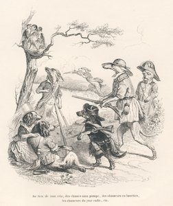 Tiere als Jäger. Illustrierte Vignetten von JJ Granville. Gravur signiert Andrew, Best und Leloir im Teil "Erinnerungen einer alten Krähe" geschrieben von PJ Stahl in "Szenen aus dem privaten und öffentlichen Leben der Tiere". Paris, J. Hetzel et Paulin von Grandville