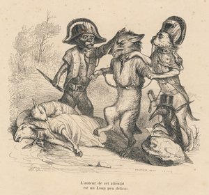 Verhaftung eines Wolfes nach dem Töten von zwei Schafen. Gravur signiert Andrew, Best und Leloir in "Cour criminelle de justice animale" von Emile de La Bedolliere in "Scenes de la vie privee et publique des animaux" von Grandville
