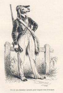 Hund in Jagdkleidung. Vignetten illustriert von JJ Granville. Gravur signiert Caque im Teil "Erinnerungen einer alten Krähe" geschrieben von PJ Stahl in "Szenen aus dem privaten und öffentlichen Leben der Tiere". Paris, J. Hetzel und Paulin