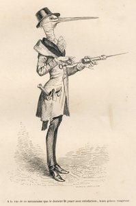 Storch als Arzt, der einen Klistier manipuliert. Vignetten illustriert von JJ Granville. Gravur signiert Andrew, Best und Leloir in der Partie "Peines de cour d
