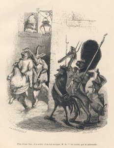 Betrunkene Schwein und Ziege treffen auf eine Patrouille bestehend aus einem Hund, einem Hahn, einer Ente und einem Pelikan. Vignetten illustriert von JJ Granville. Gravur signiert Breviere in dem Teil "Erinnerungen eines Krokodils" geschrieben von Emile d