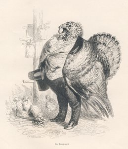 Truthahn als Banker. Illustrierte Vignetten von JJ Granville. Gravur signiert Tamisier im Teil "Erinnerungen einer alten Krähe" geschrieben von PJ Stahl in "Szenen aus dem privaten und öffentlichen Leben der Tiere". Paris, J. Hetzel et Paulin