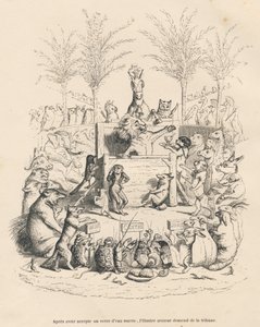 Politische Rede des Löwen auf einer Tribüne, umgeben von allen anderen Tieren. Vignetten illustriert von JJ Granville. Gravur signiert von Godard im Prolog "Parlamentarische Zusammenfassung" geschrieben von PJ Stahl in "Szenen aus dem privaten und öffentli