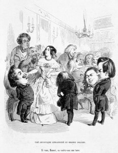 George Sand (Aurore Dupin, Baronne Dudevant) (1804-1876) umgeben von 4 Schriftstellern: Eugene Sue, Honoré de Balzac, Franz Liszt und Victor Hugo - in „Auf der Suche nach einer sozialen Position“ von Jerome Paturot