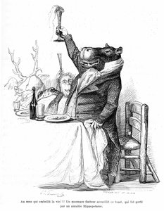 Grandville-Gravur, aus dem Buch „Privates und öffentliches Leben der Tiere“ (Les animaux peints par eux-mêmes), Ausgabe Hetzel 1867 - Nilpferd an einem Tisch bei einem Bankett, das sein Glas erhebt und einen Toast ausbringt. Legende: Geschlecht, das das Le