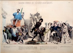 Großes Rennen zum akademischen Glockenturm. Die Schriftsteller Alfred de Vigny (1797-1863), Eugene Sue (1804-1857), Alexandre Dumas (1802-1870) und Honore de Balzac (1799-1850) sind erkennbar. Gravur von Gerard Grandville (1803-1847) von Grandville