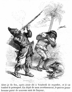 Illustration des Romans Robinson Crusoe von Daniel Defoe durch Grandville - Ausgabe Garnier 1869, S. 193. Robinson schießt mit einem Gewehr vor dem erschrockenen Freitag.