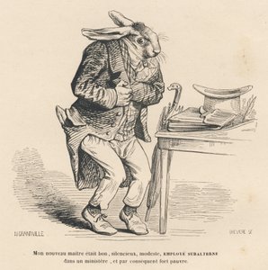 Kaninchen als untergeordneter Angestellter in einem Ministerium. Illustrierte Vignetten von JJ Granville. Gravur signiert Breviere im Teil "Geschichte eines Hasen" geschrieben von PJ Stahl in "Szenen aus dem privaten und öffentlichen Leben der Tiere". Pari von Grandville