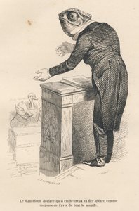 Das Chamäleon erklärt, dass es glücklich und stolz ist, immer der Meinung aller zu sein. Vignetten illustriert von JJ Granville. Gravur signiert von Caque im Prolog "Parlamentarische Zusammenfassung" geschrieben von PJ Stahl in "Szenen aus dem privaten und