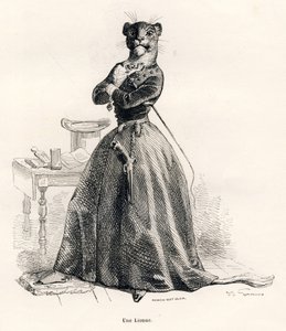 Löwin mit einer Pistole und einer Peitsche. Vignetten illustriert von JJ Granville. Gravur signiert von Andrew, Best und Leloir im Teil "Reise eines Löwen aus Afrika nach Paris" geschrieben von Honoré de Balzac in "Szenen aus dem privaten und öffentlichen 