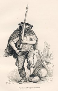 Wolf als Wache. Vignetten illustriert von JJ Granville. Gravur signiert Andrew, Best und Leloir im Teil "Reise eines Spatzen aus Paris" geschrieben von George Sand in "Szenen aus dem privaten und öffentlichen Leben der Tiere". Paris, J. Hetzel und Paulin von Grandville