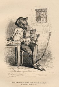 Wolf liest in einem Gefängnis. Vignetten illustriert von JJ Granville. Gravur signiert Caque im Teil "Kriminalgericht der Tiere" geschrieben von Emile de La Bedolliere in "Szenen aus dem privaten und öffentlichen Leben der Tiere". Paris, J. Hetzel von Grandville