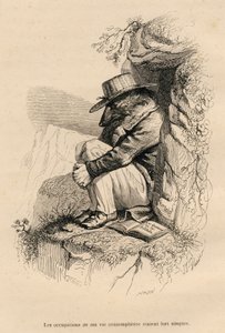 Wolf zurückgezogen in seiner kontemplativen Einsamkeit. Vignetten illustriert von JJ Granville. Gravur signiert Caque im Teil "Der Bär oder Brief geschrieben vom Berg" geschrieben von L. Baude in "Szenen aus dem privaten und öffentlichen Leben der Tiere". 